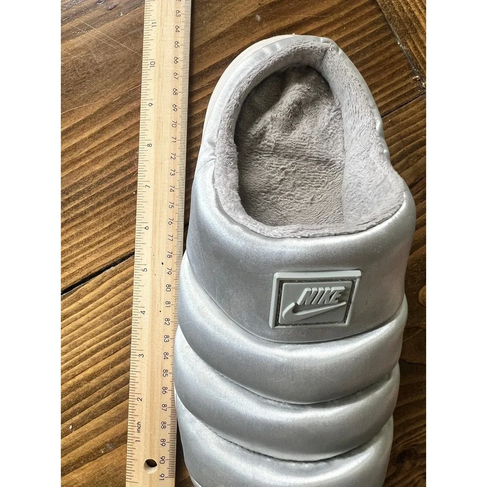 Nike Burrow Metallic Silver Puffer Slippers Fleece Lined Mules DC1458-002
